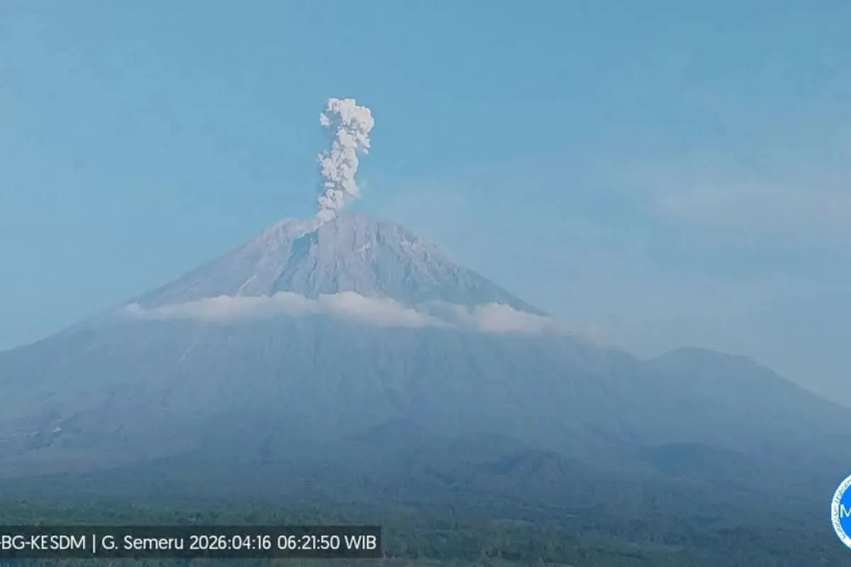 Aktivitas vulkanik Gunung Semeru di Kabupaten Lumajang, Jawa Timur, dengan guguran lava pijar yang teramati sejauh 1,5 kilometer ke arah tenggara menuju Besuk Kobokan, Sabtu (17/10/2026).